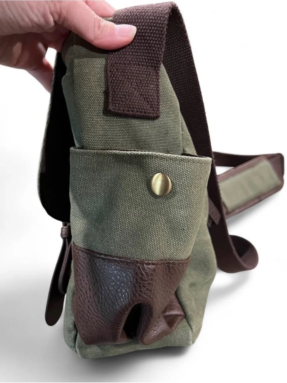 Punctuate Olive Green Canvas Messenger Bag with Brown Trim